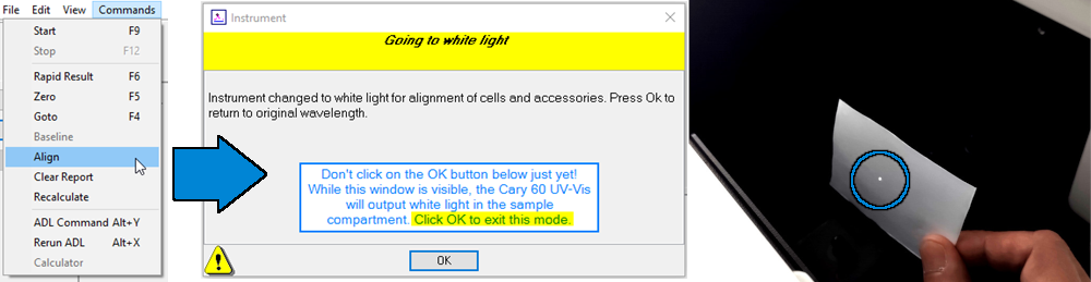 Cary WinUV Align function outputting white light in the sample compartment